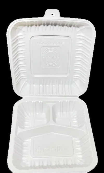 White PP hinged take-out containers H-73 (7.3" × 7.3", three compartments)
