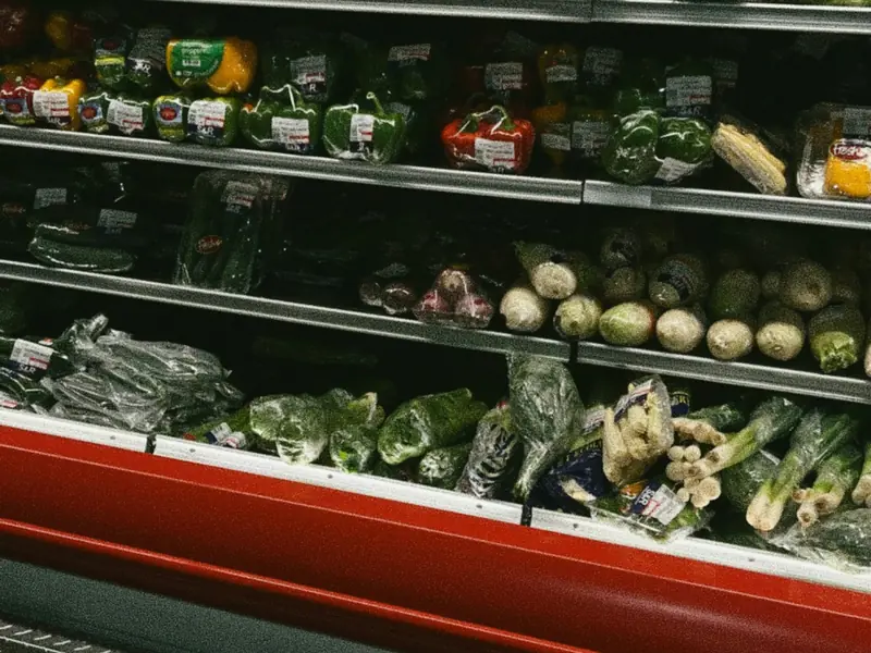 Vegetables in a refrigerated produce case